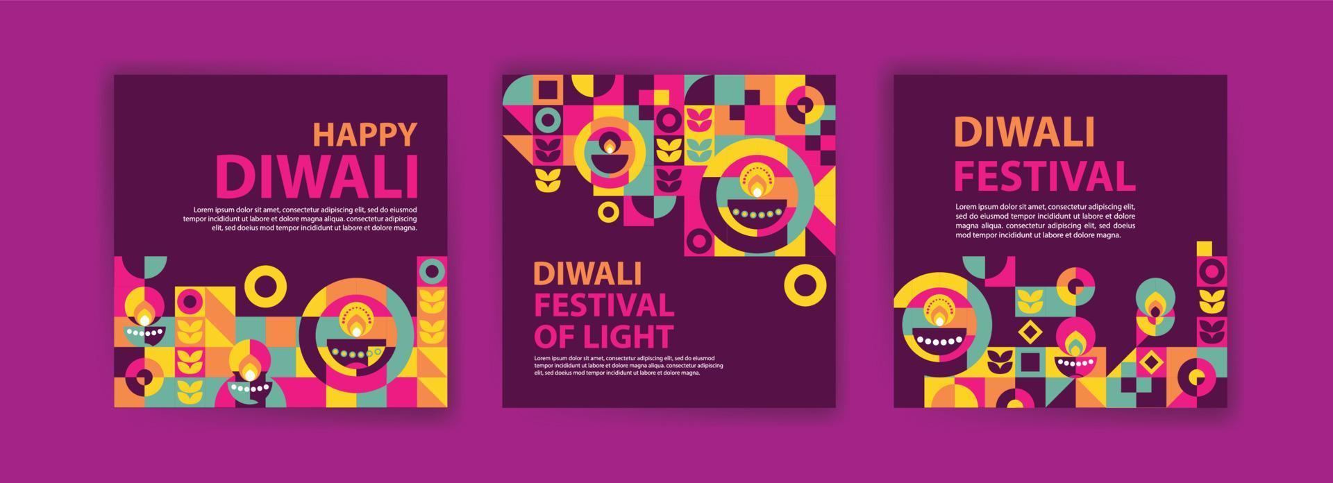 modèle de publication sur les réseaux sociaux pour la célébration de diwali. affiche néo géométrique colorée pour la célébration de diwali. vecteur