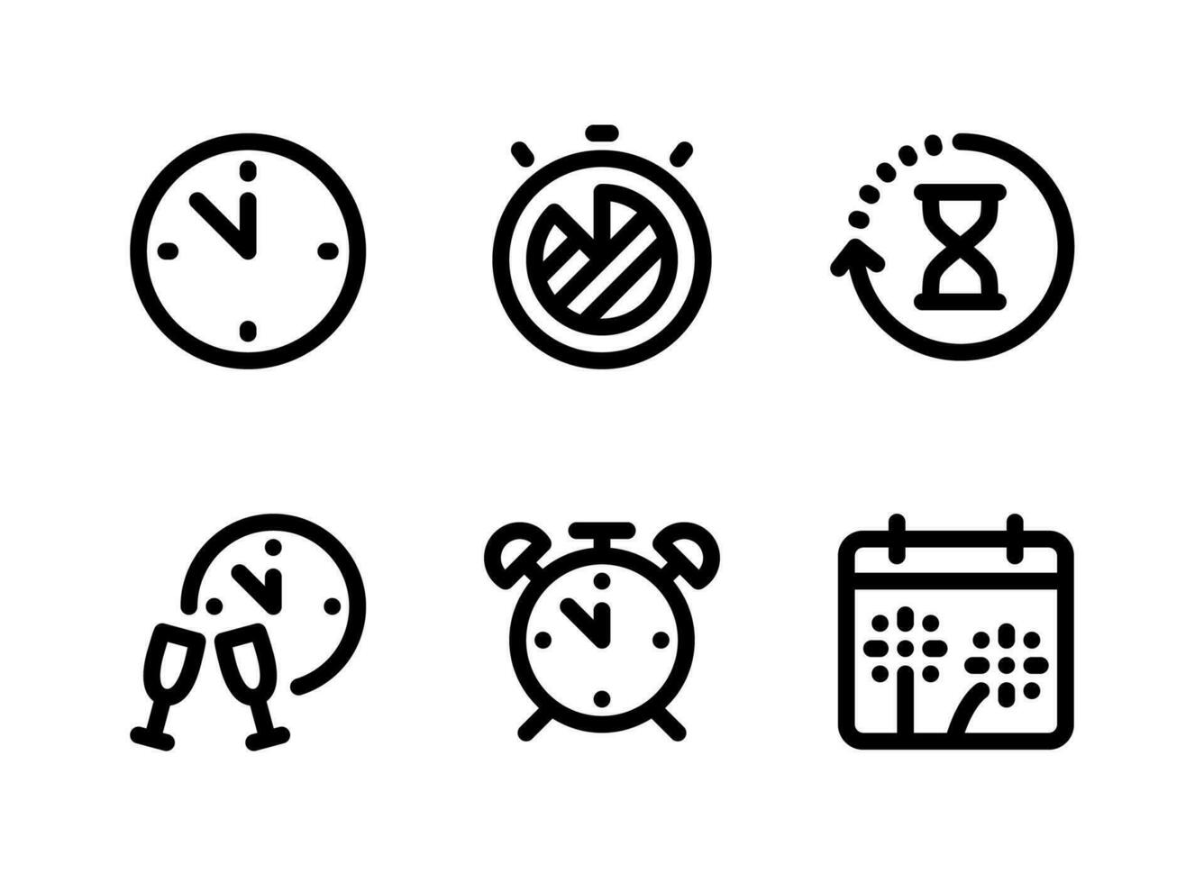 ensemble simple d'icônes de lignes vectorielles liées à l'heure et à la date. contient des icônes comme minuit, chronomètre, réveillon du nouvel an et plus encore. vecteur