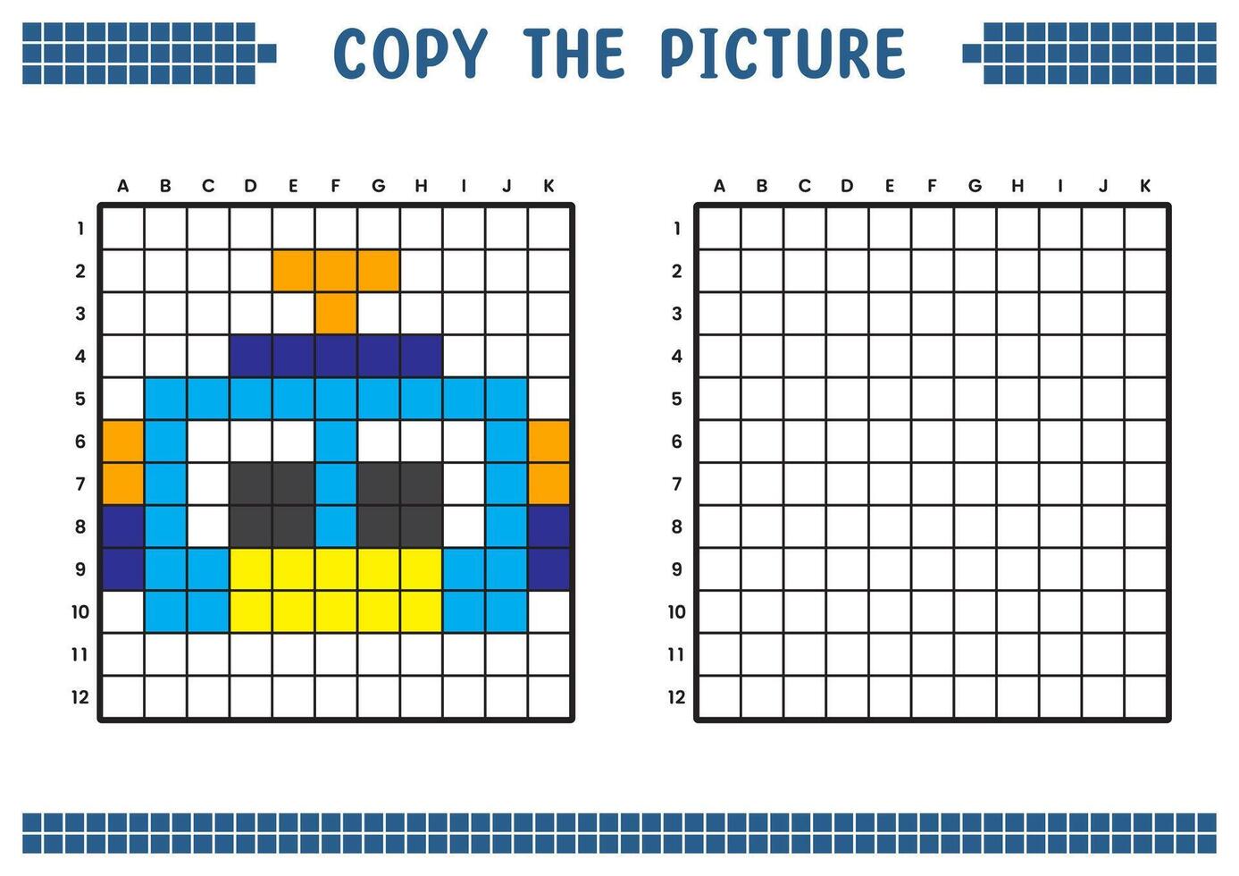 copie le image, Achevée le la grille image. éducatif feuilles de travail dessin avec carrés, coloration cellule domaines. enfants préscolaire activités. dessin animé vecteur, pixel art. robot tête illustration. vecteur