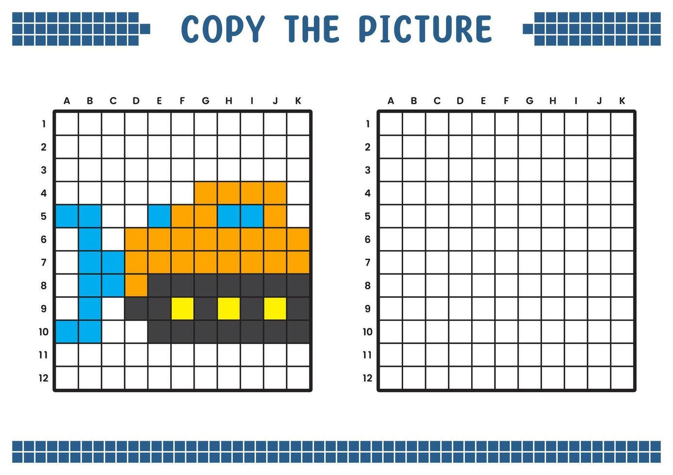 copie le image, Achevée le la grille image. éducatif feuilles de travail dessin avec carrés, coloration domaines. enfants préscolaire activités. dessin animé vecteur, pixel art. construction véhicule, bulldozer. vecteur