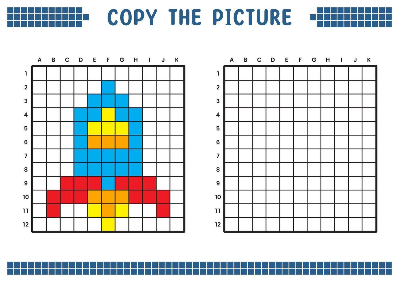 copie le image, Achevée le la grille image. éducatif feuilles de travail dessin avec carrés, coloration cellule domaines. enfants préscolaire activités. dessin animé vecteur, pixel art. espace fusée illustration. vecteur