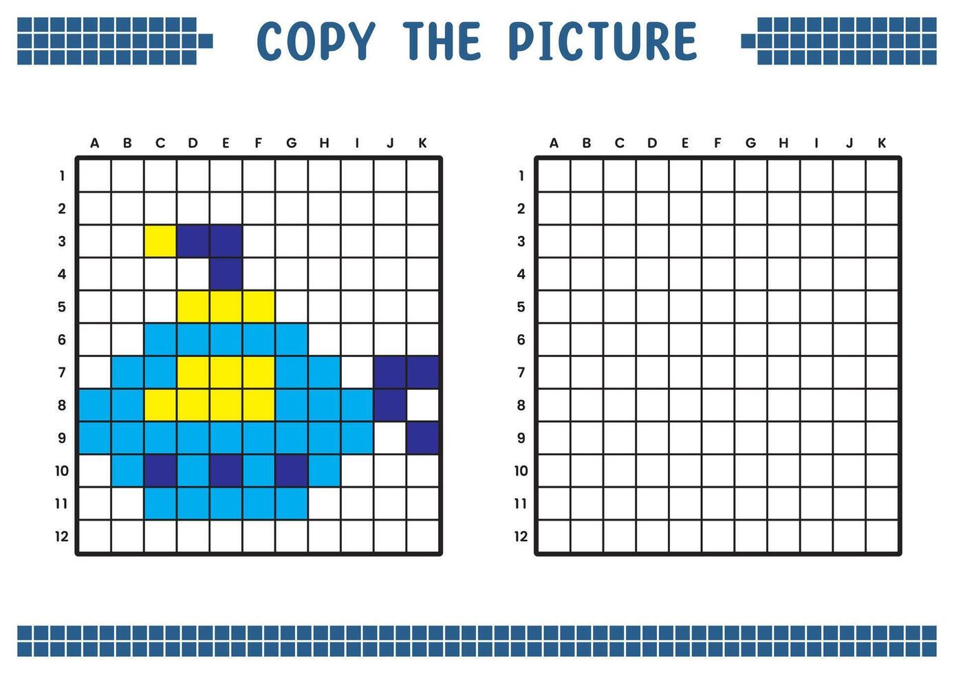 copie le image, Achevée le la grille image. éducatif feuilles de travail dessin avec carrés, coloration cellule domaines. enfants préscolaire activités. dessin animé vecteur, pixel art. sous-marin illustration. vecteur