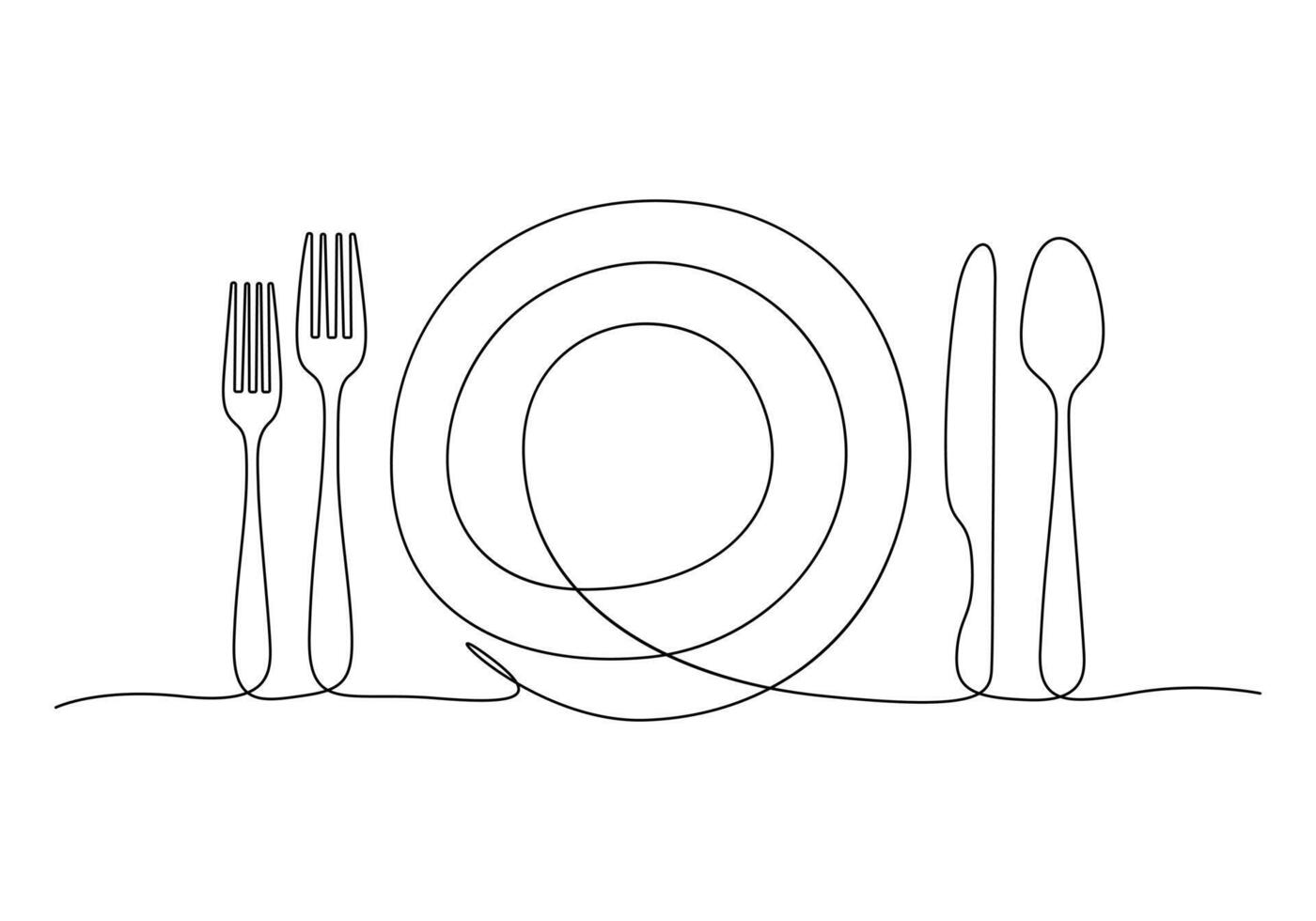 continu un ligne dessin de couteau, fourchette et assiette décoration pour café ou cuisine restaurant ou menu coutellerie vecteur illustration