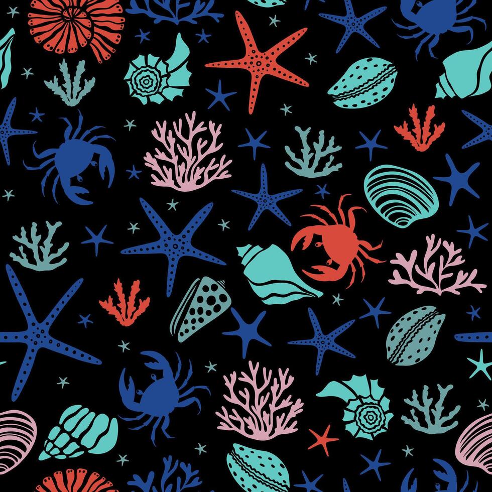 magnifique sans couture vecteur tropical modèle avec Crabes, coraux, algue et mer étoiles sur noir