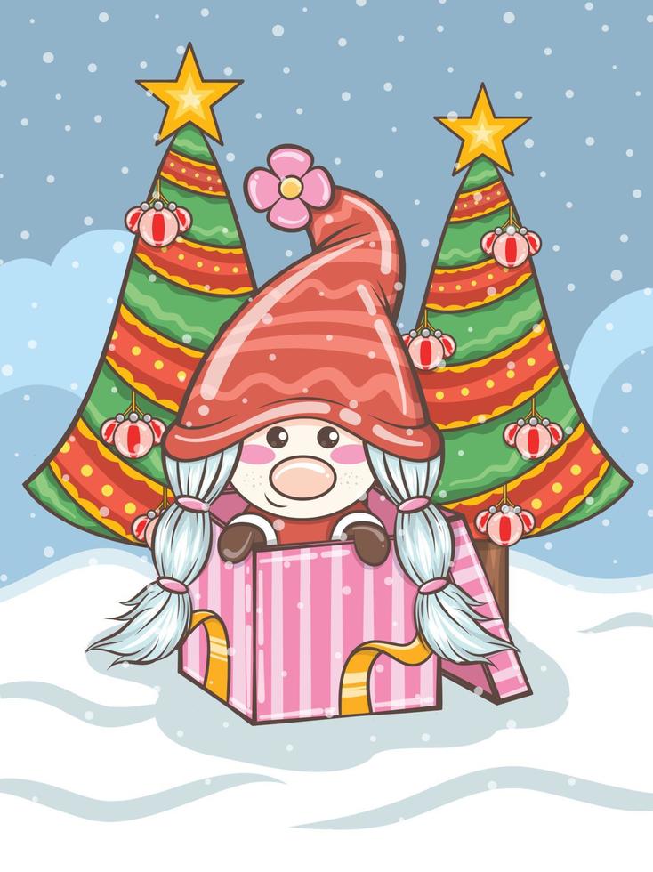 illustration mignonne de fille de gnome avec la boîte-cadeau de noël vecteur