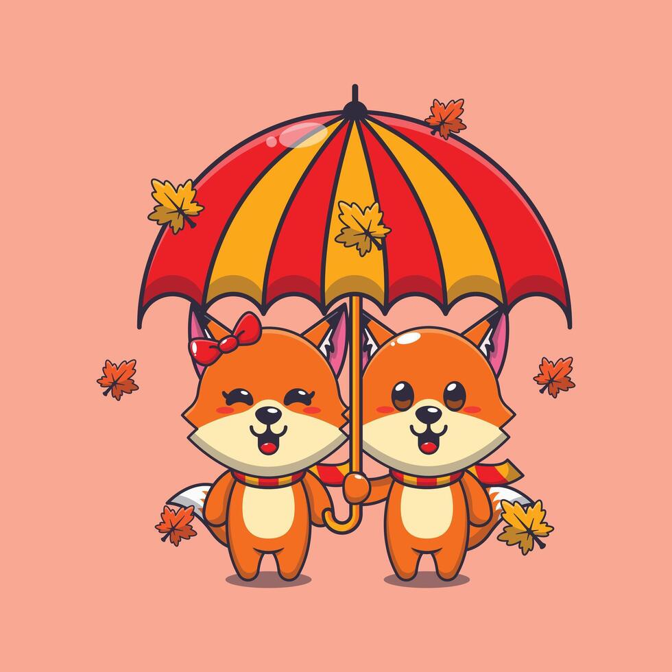 mignonne couple Renard avec parapluie à l'automne saison. vecteur