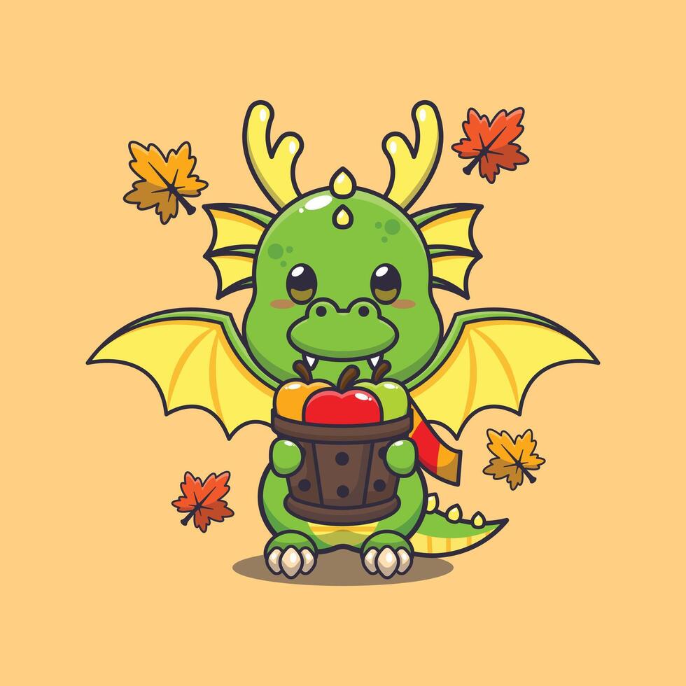 mignonne dragon en portant une Pomme dans bois seau. mascotte dessin animé vecteur illustration adapté pour affiche, brochure, la toile, mascotte, autocollant, logo et icône.