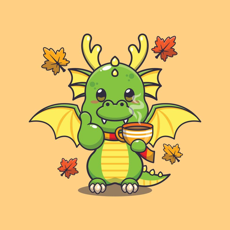 mignonne dragon avec café dans l'automne saison. mascotte dessin animé vecteur illustration adapté pour affiche, brochure, la toile, mascotte, autocollant, logo et icône.