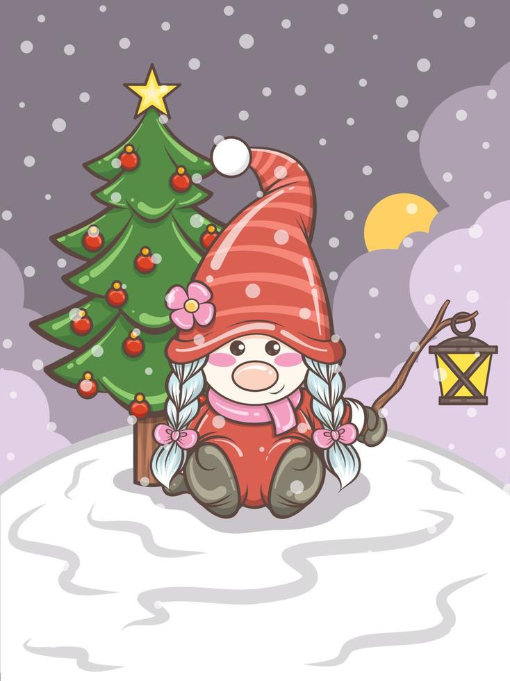 jolie fille gnome tenant une lanterne illustration de noël vecteur