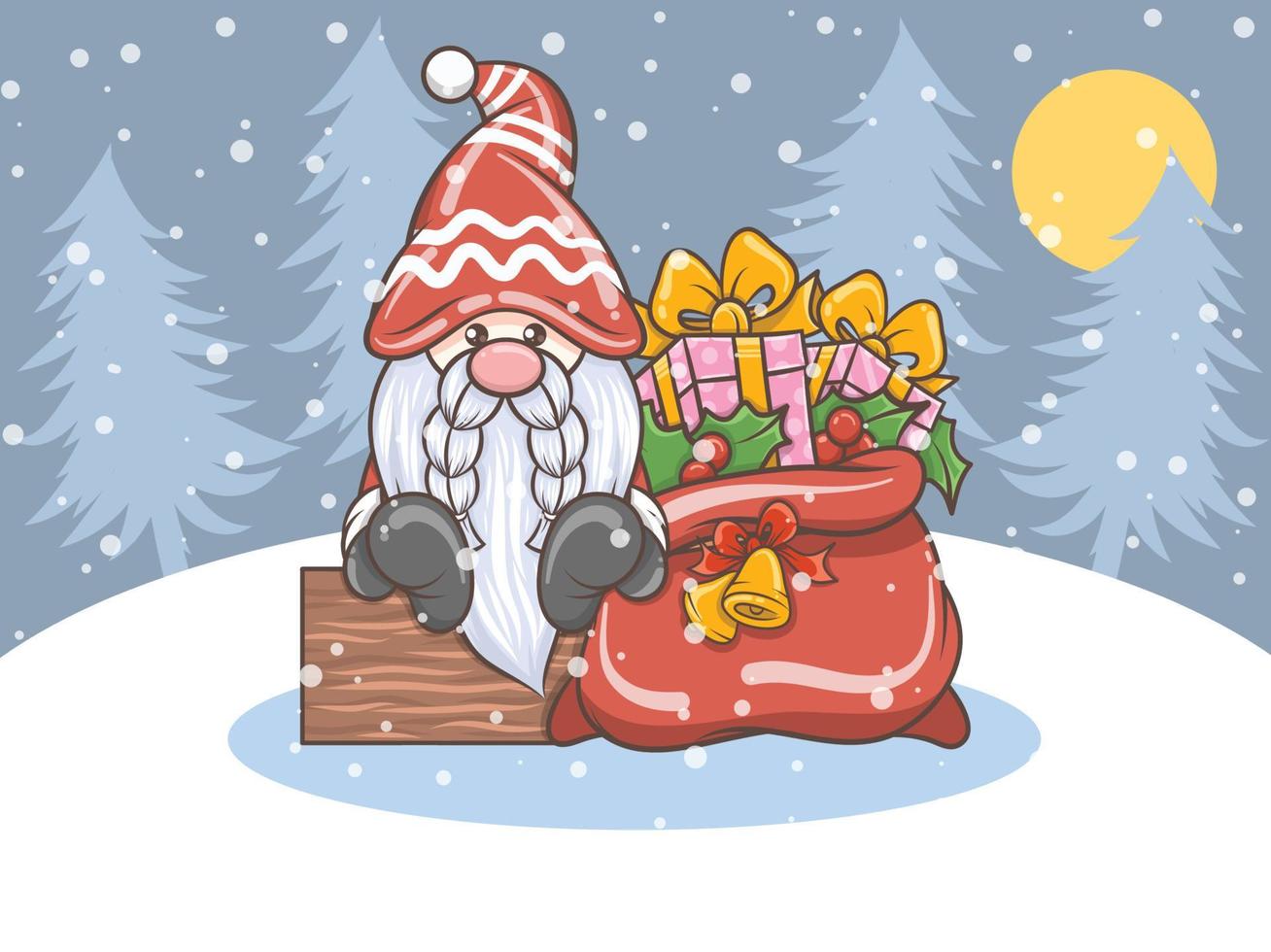 illustration de gnome mignon avec sac cadeau de noël vecteur