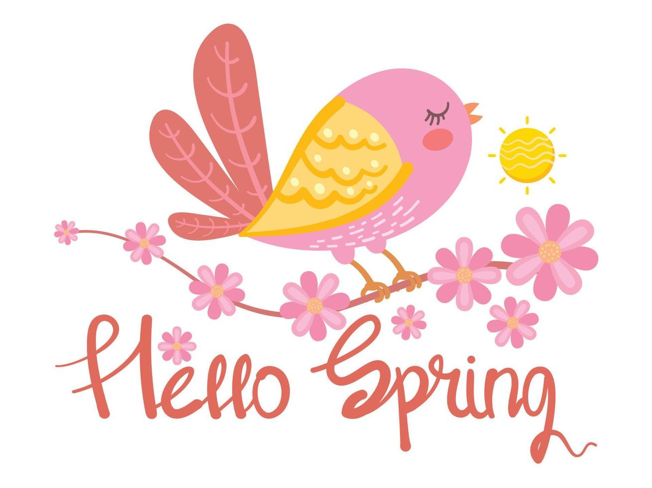 oiseau mignon avec des fleurs et des feuilles. bonjour illustration de carte de printemps vecteur