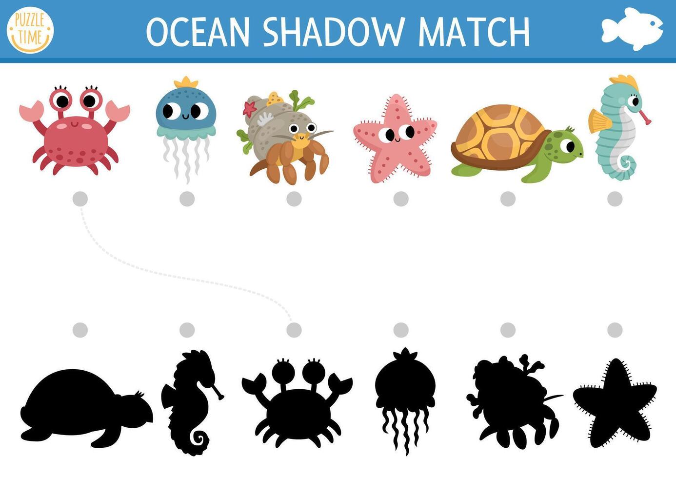 en dessous de le mer ombre correspondant à activité. océan puzzle avec mignonne ermite crabe, méduse, étoile de mer, tortue, hippocampe. trouver correct silhouette imprimable feuille de travail ou jeu. l'eau animaux page pour des gamins vecteur