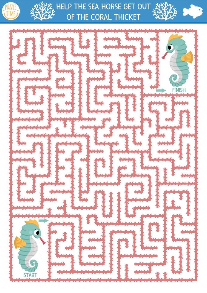 en dessous de le mer géométrique Labyrinthe pour des gamins avec hippocampe. océan préscolaire imprimable activité. l'eau labyrinthe Jeu ou puzzle. Aidez-moi le mer cheval avoir en dehors de le corail le plus épais vecteur