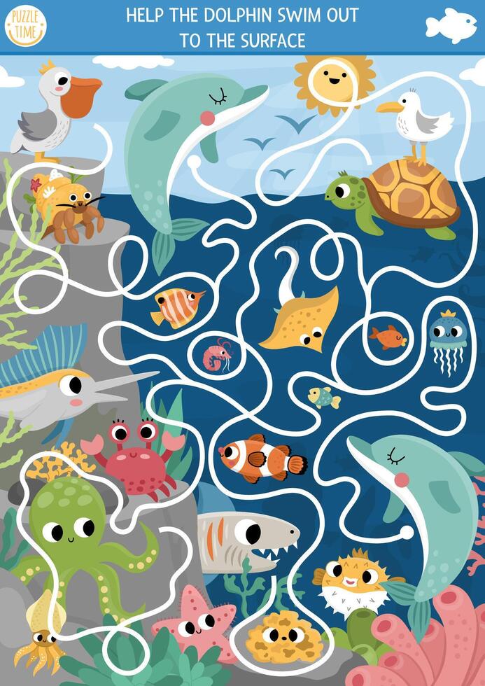 en dessous de le mer Labyrinthe pour des gamins avec Marin paysage, poisson, pélican, récif, pieuvre. océan préscolaire imprimable activité. l'eau labyrinthe Jeu ou puzzle. Aidez-moi le dauphin nager en dehors à le surface vecteur