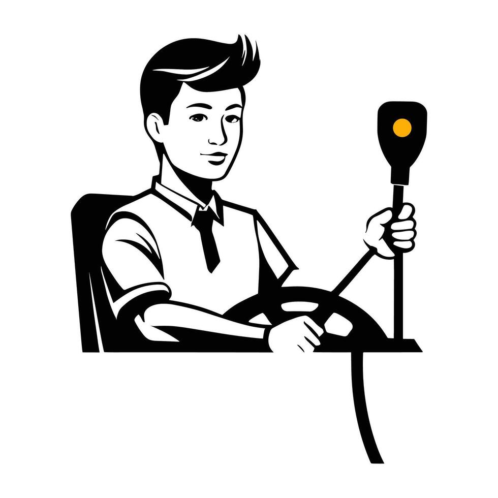 vecteur noir et blanc illustration de homme conduite voiture avec pilotage roue et microphone Mike