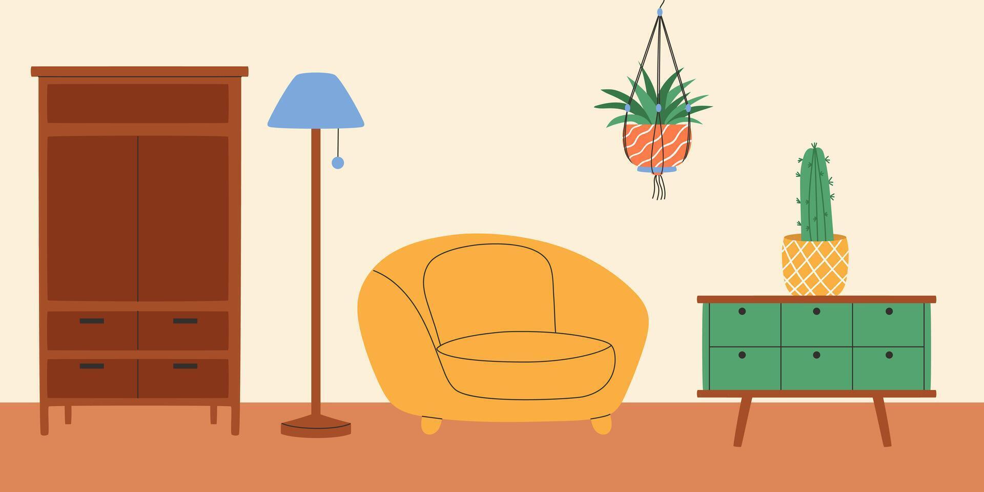 vivant pièce intérieur avec fauteuil et macramé plante. vecteur illustration.