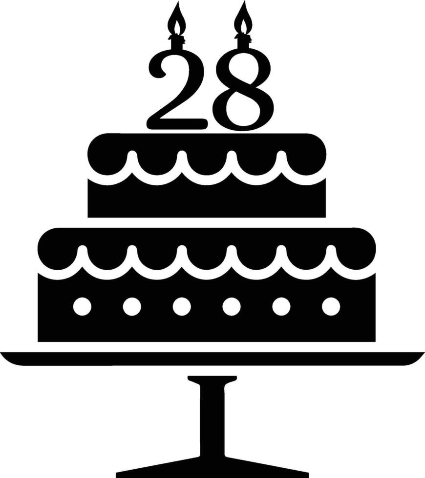 une noir et blanc image de une gâteau avec le nombre 28 sur il. vecteur