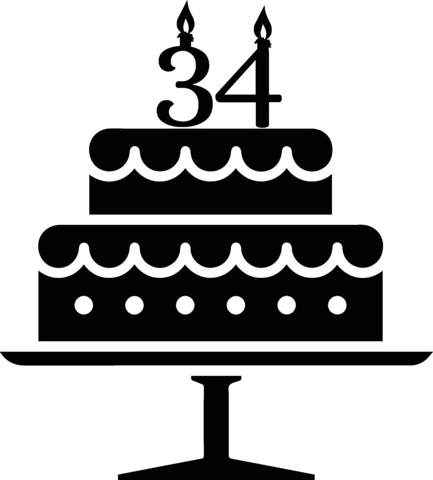 une noir et blanc image de une gâteau avec le nombre 34 sur il. vecteur