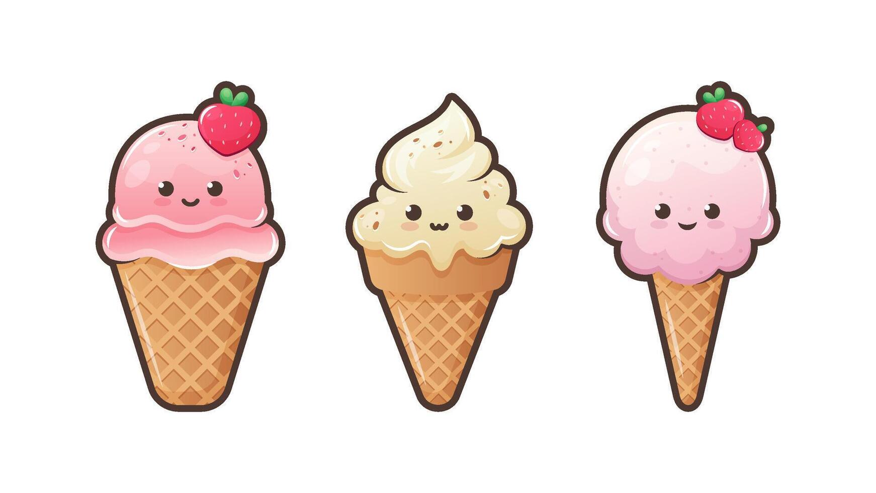 mignonne dessin animé crème glacée avec marrant affronter. kawaii la glace crème dans gaufre cône. sucré nourriture emoji ensemble. été dessert vecteur illustration