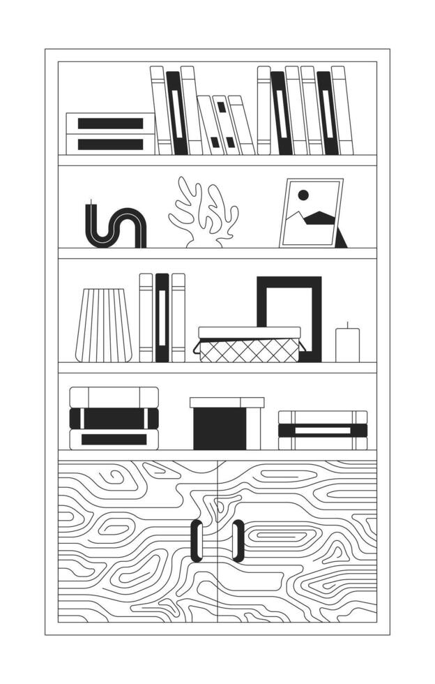 en bois cabinet avec décoratif accessoires 2d linéaire dessin animé objet. bibliothèque dans Bureau intérieur isolé ligne vecteur élément blanc Contexte. Accueil ameublement monochromatique plat place illustration