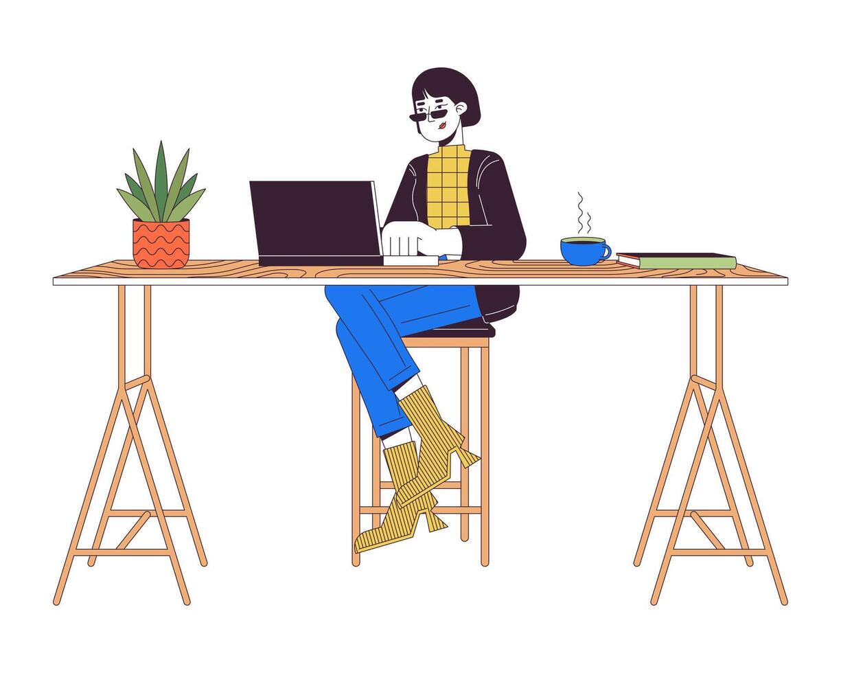 asiatique femelle travail sur portable à compteur table 2d linéaire dessin animé personnage. femme en utilisant ordinateur isolé ligne vecteur la personne blanc Contexte. lieu de travail commodités Couleur plat place illustration