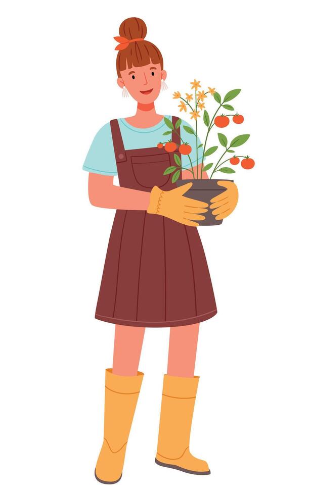une jardinier fille avec une buisson de tomates dans sa mains. vecteur