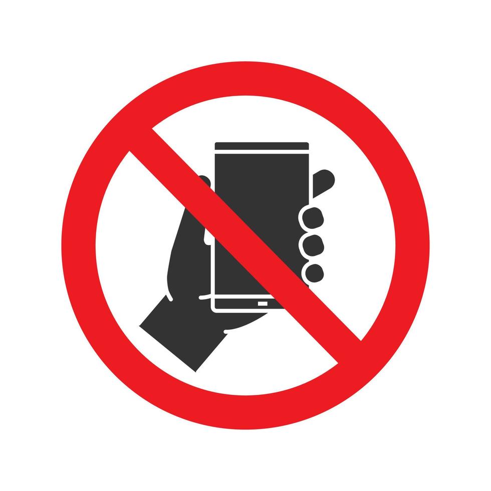 signe interdit avec l'icône de glyphe de téléphone portable. pas d'interdiction de smartphone. arrêter le symbole de la silhouette. espace négatif. illustration vectorielle isolée vecteur
