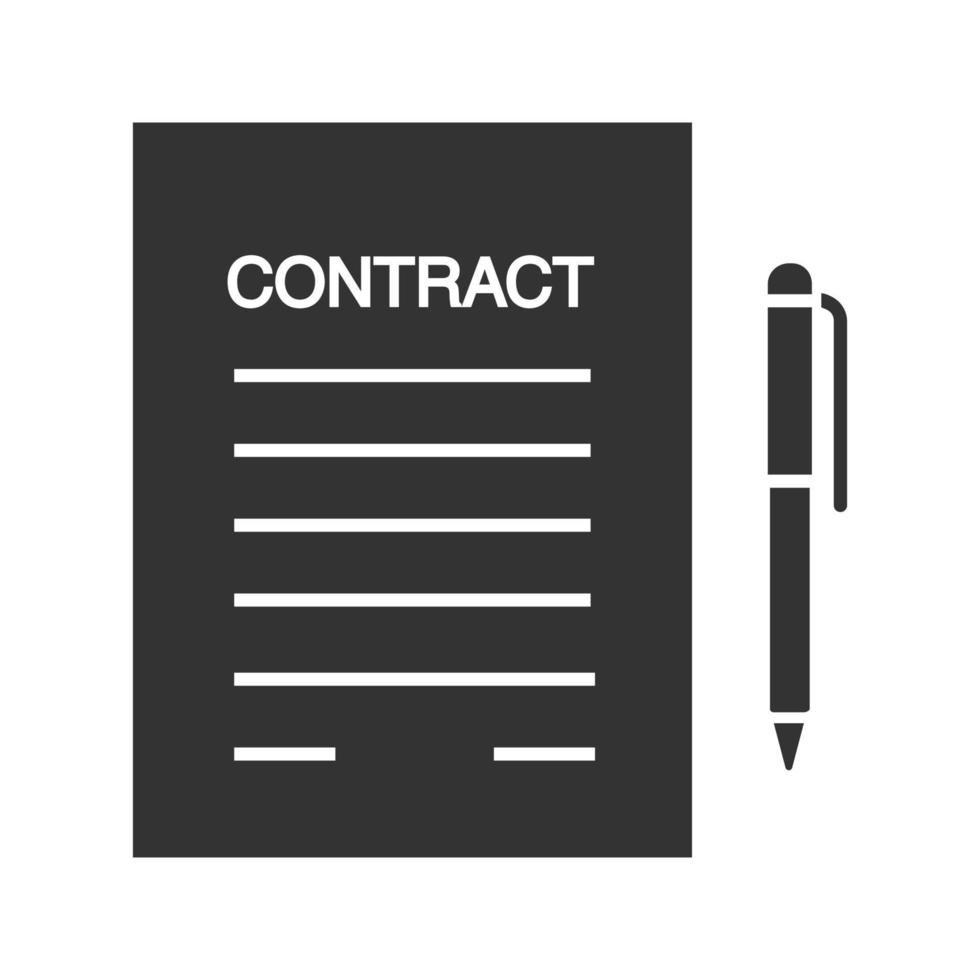 accord commercial, icône de glyphe de contrat. papier de document avec un stylo. symbole de silhouette. Contrat de travail. espace négatif. illustration vectorielle isolée vecteur