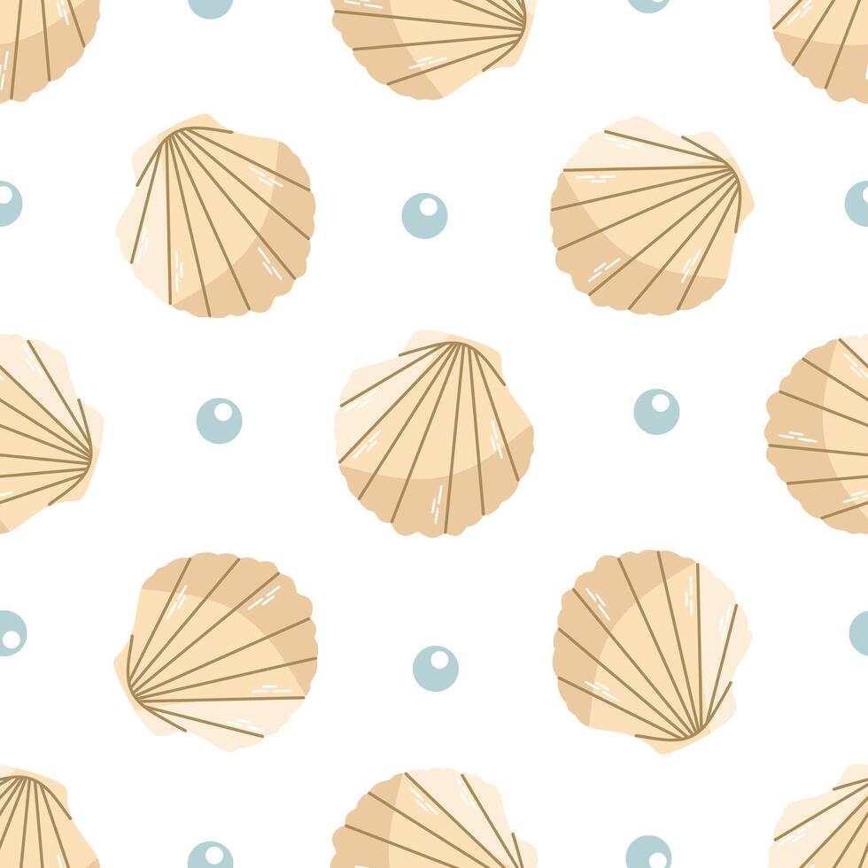 mignonne main tiré coloré eau salée coquille coquillage, sans couture modèle, palourde, conque. coquille mer coquille, plat style vecteur illustration isolé sur blanc Contexte.