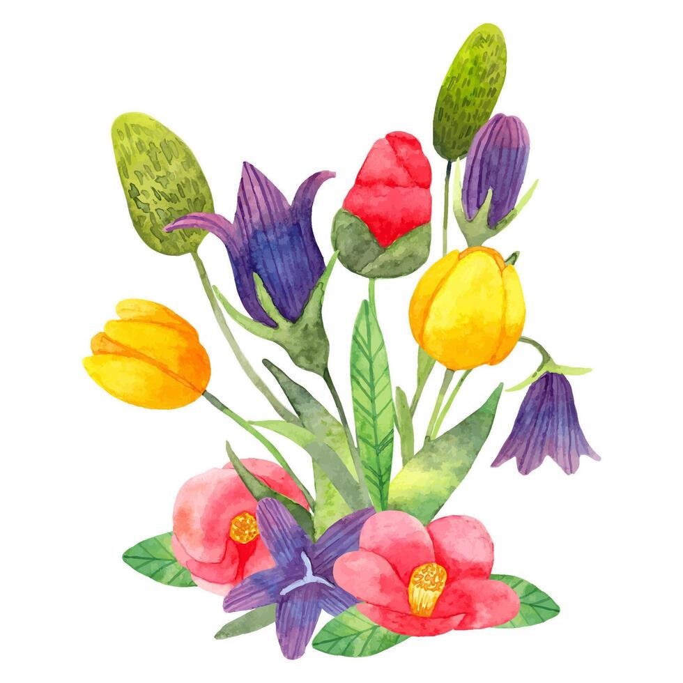 bouquet de fleurs avec feuilles. composition de camélia, tulipe et cloche. botanique aquarelle illustration. main tiré art isolé. clipart pour mariage faire-part, salutation cartes, anniversaires. vecteur