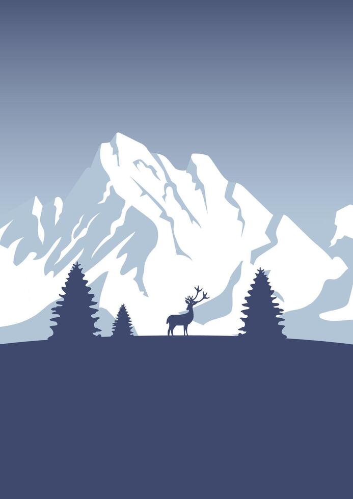 Alpes Montagne paysage faune illustration. minimaliste Pyrénées vue avec forêt et cerf affiche. vecteur