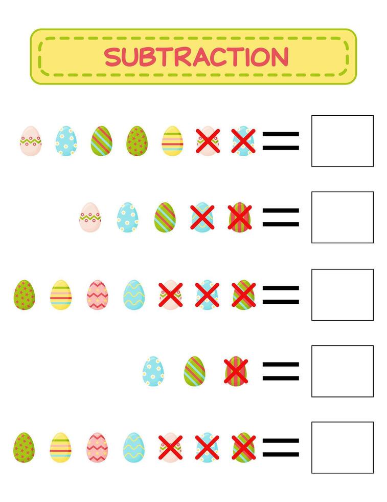 soustraire. math feuille de travail pour enfants. développement numérique compétences. résoudre le exemples et écrire le réponses. mathématiques. vecteur illustration. éducatif math enfants jeu. soustraire pour enfants.