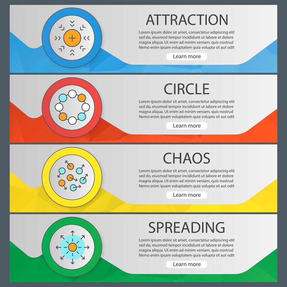 ensemble de modèles de bannière de symboles abstraits. attraction, cercle, chaos, diffusion des éléments du menu du site Web. concepts de bannière web polygonale de couleur. arrière-plans de vecteur