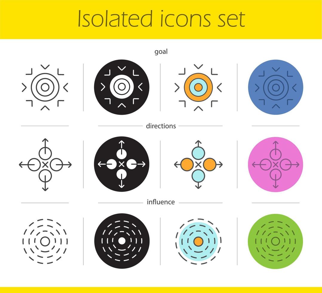 ensemble d'icônes de symboles abstraits. styles linéaire, noir et couleur. objectif, directions, influencer les concepts. illustrations vectorielles isolées vecteur