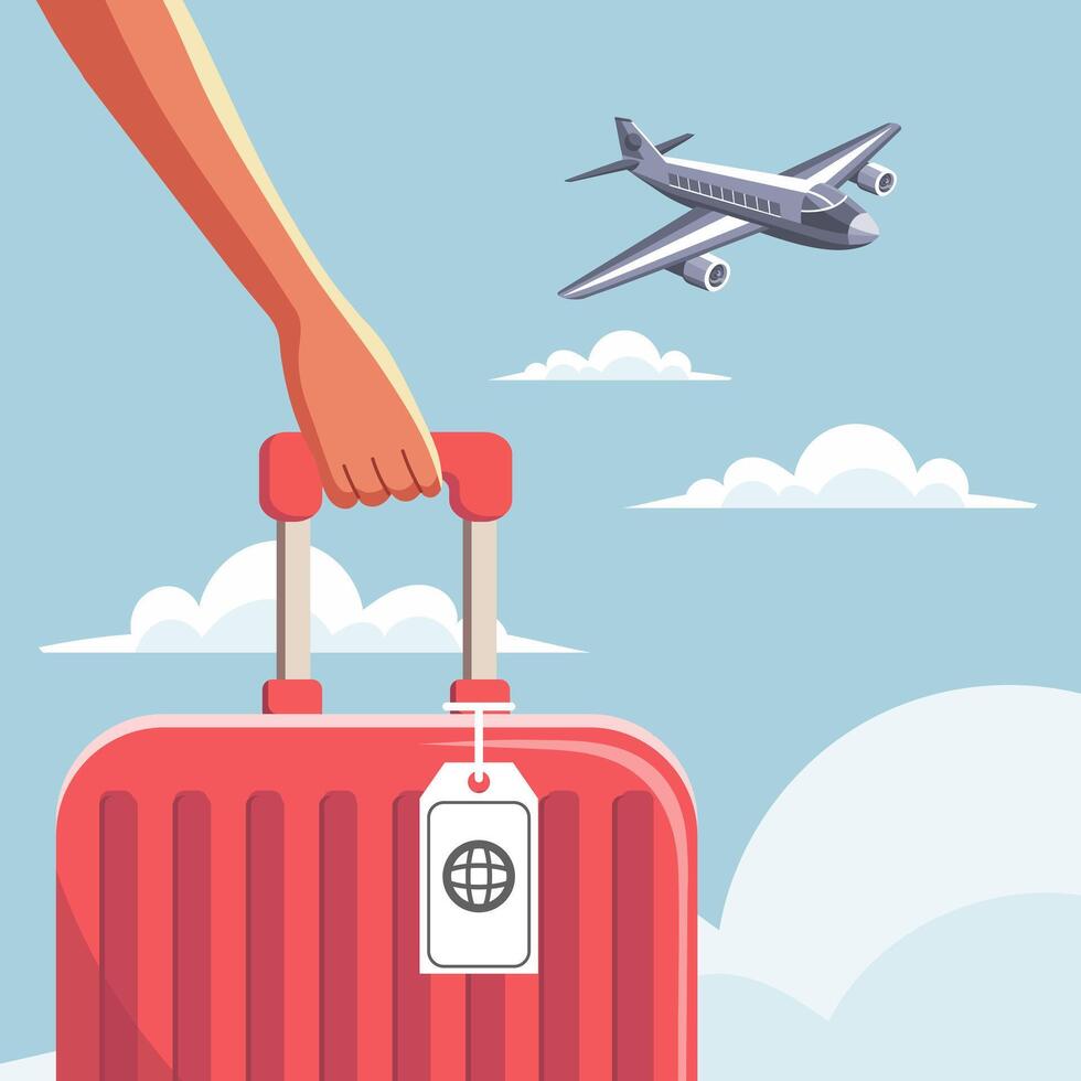 une femme détient une valise dans sa main fermer et un avion dans le ciel. vacances et Voyage concept. illustration. vecteur