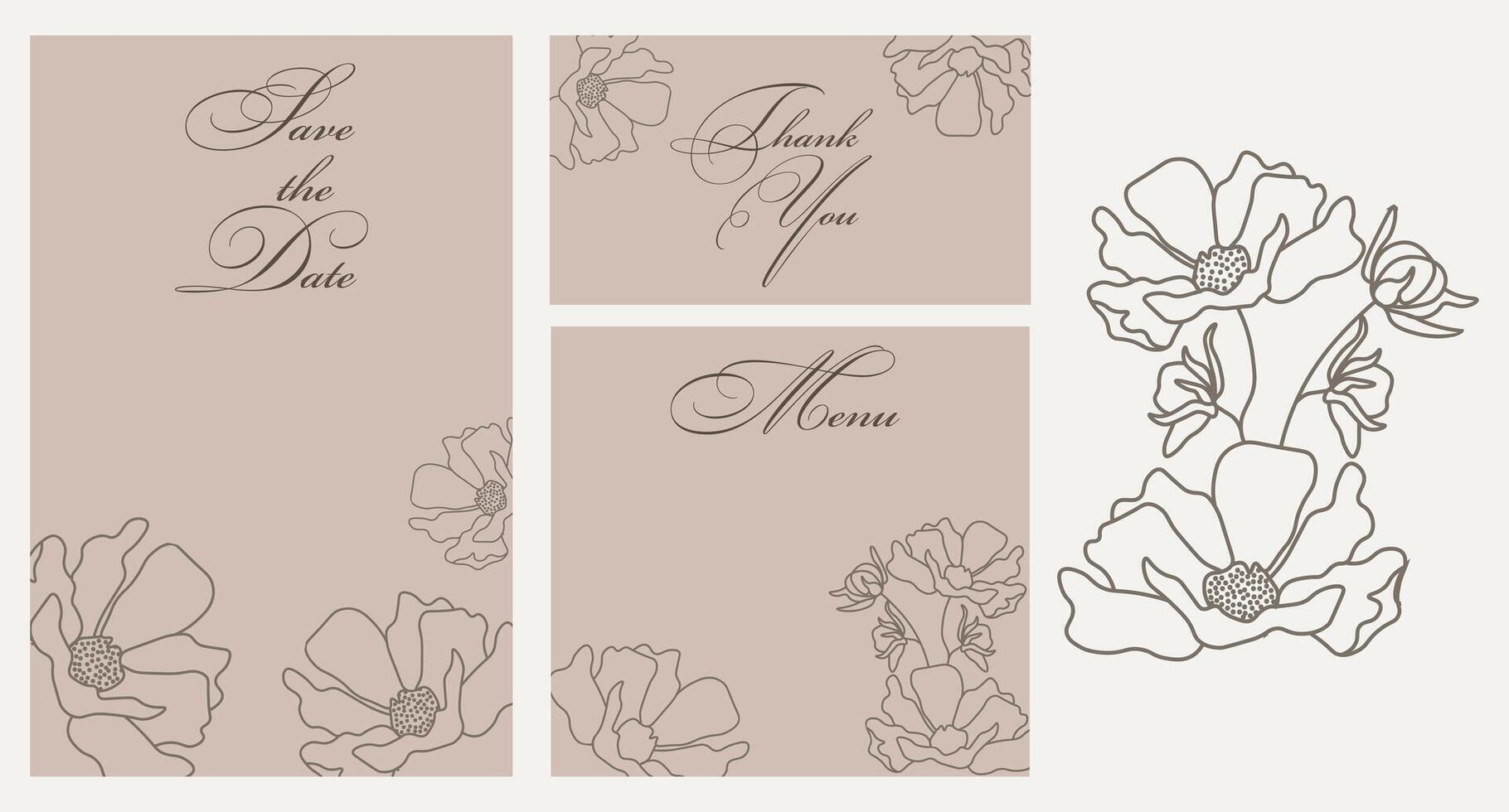 modèle d'invitation de mariage de style rustique avec des fleurs de contour. Réserve cette date. menu. Je vous remercie. calligraphie, affiches, vecteur