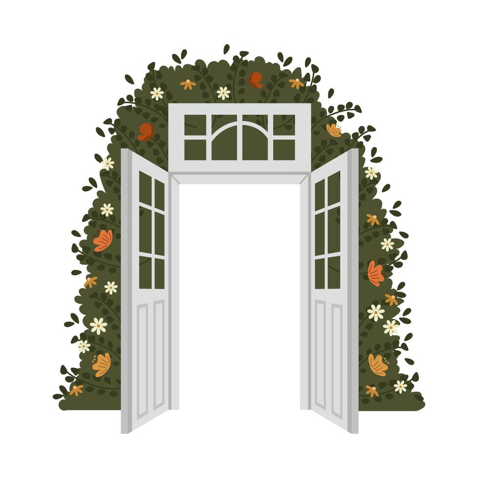 portes ouvertes vintage avec verdure et fleurs. arrière-plan pour invitation, illustration, vecteur