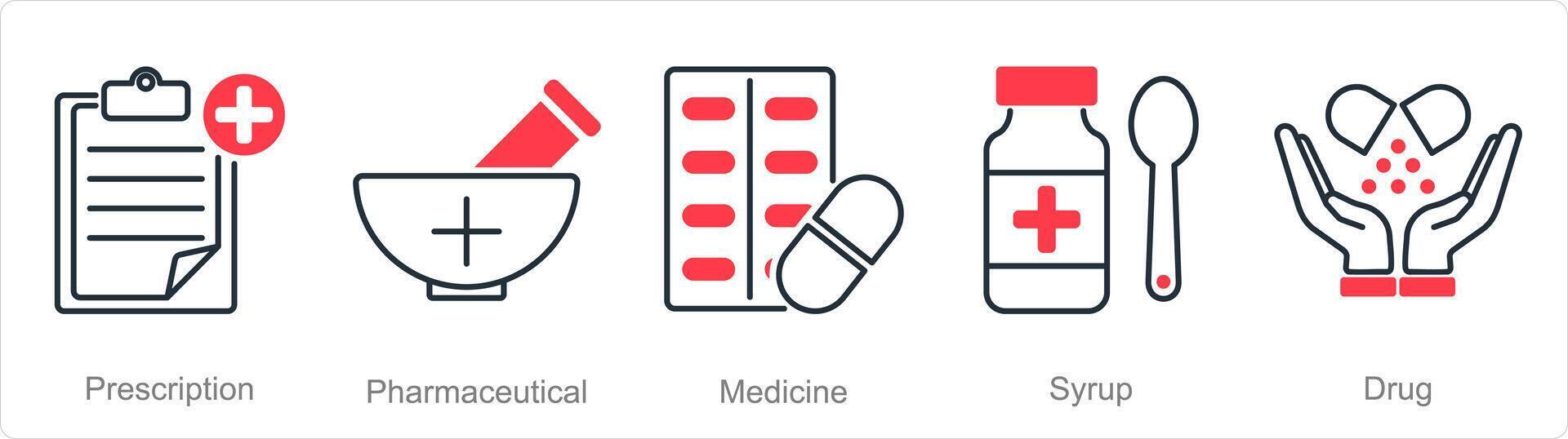 une ensemble de 5 pharmacie Icônes comme ordonnance, pharmaceutique, médicament vecteur