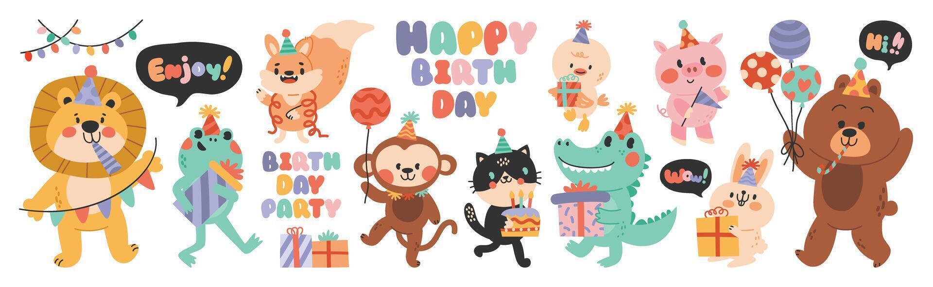 content anniversaire concept animal vecteur ensemble. collection de adorable faune, lion, grenouille, singe, cochon, crocodile. anniversaire fête marrant animal personnage illustration pour salutation carte, enfants, éducation.