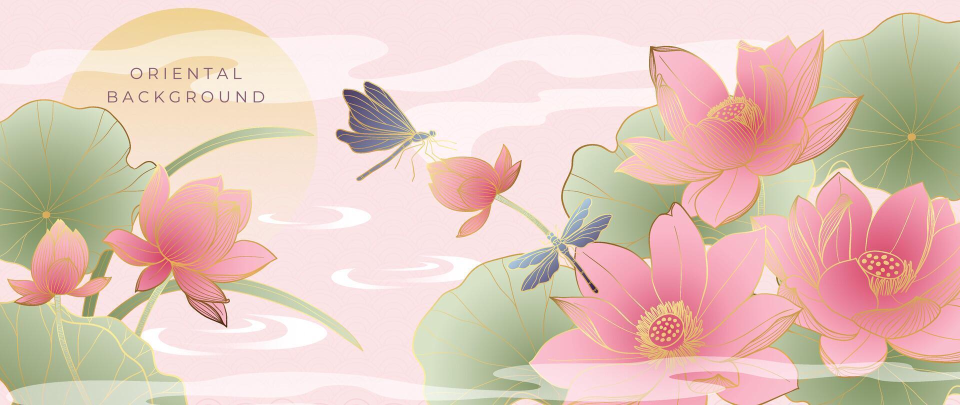 luxe or Oriental style Contexte vecteur. chinois et Japonais fond d'écran modèle conception de élégant lotus fleur et libellule avec or ligne texture. conception illustration pour décoration, mur décor. vecteur