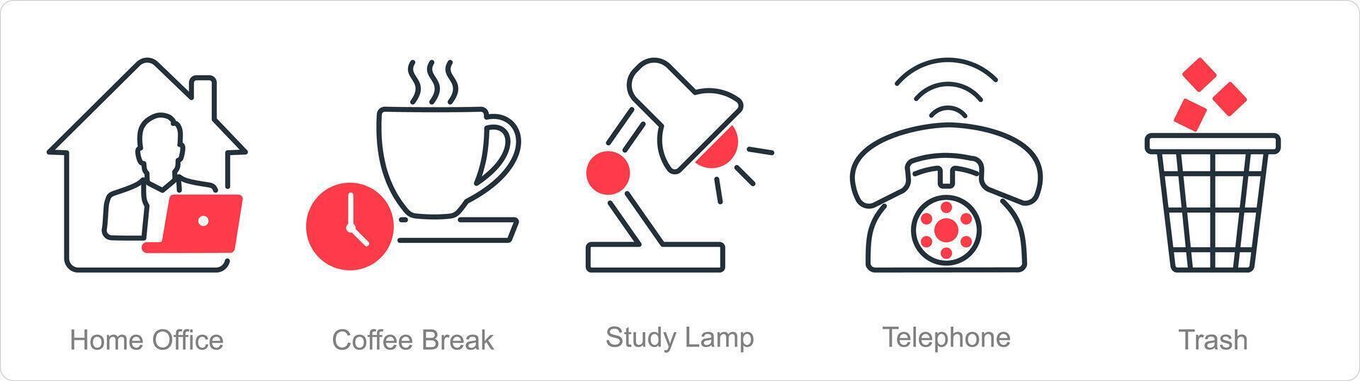 une ensemble de 5 Bureau Icônes comme Accueil bureau, café casser, étude lampe vecteur