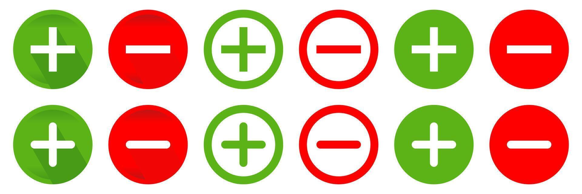 ensemble de vert et rouge positif et négatif Icônes. positif et négatif boutons. vecteur isolé sur blanc Contexte. conception modifiable