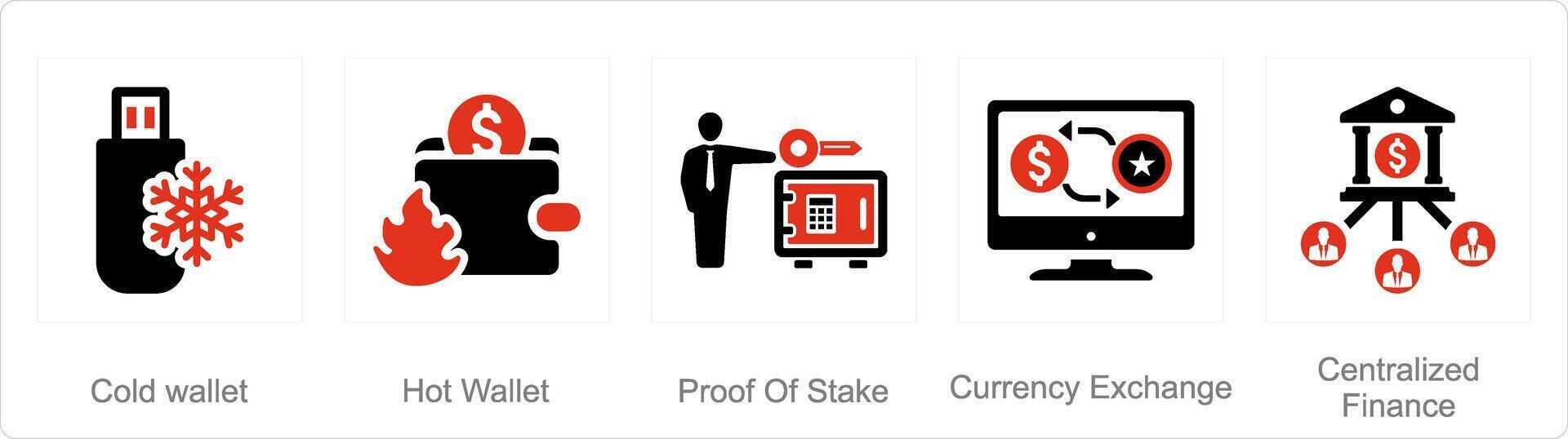 une ensemble de 5 blockchain Icônes comme du froid portefeuille, chaud portefeuille, preuve de pieu vecteur