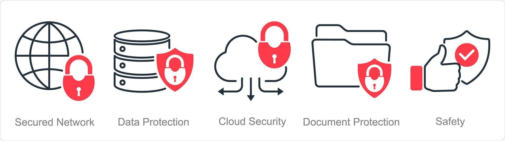 une ensemble de 5 Sécurité Icônes comme sécurisé réseau, Les données protection, nuage Sécurité vecteur