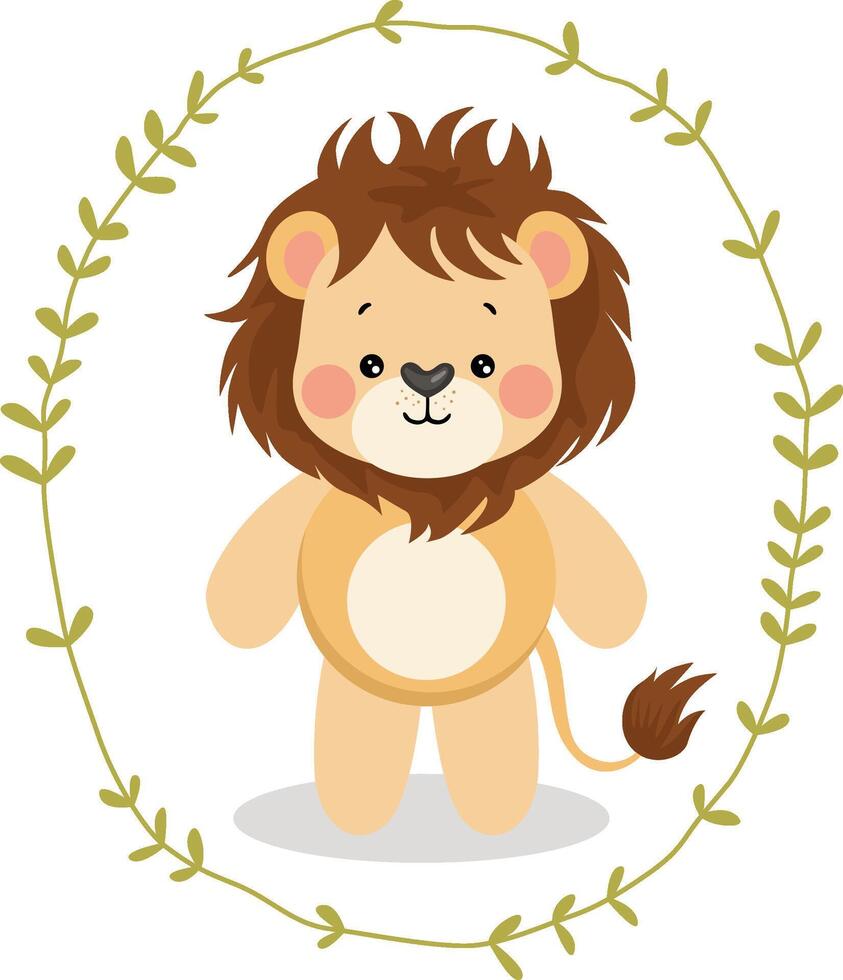 mignonne Lion à l'intérieur un ovale feuilles frontière vecteur