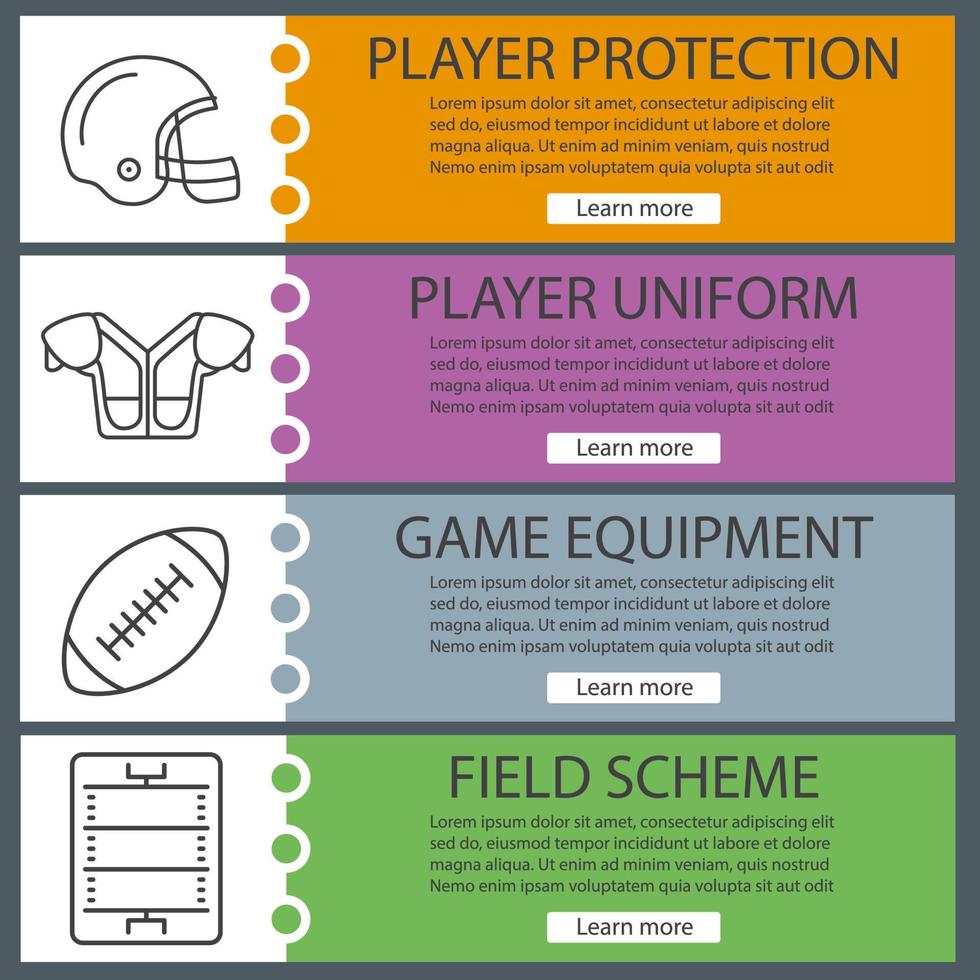 ensemble de modèles de bannière web de football américain. casque, épaulette, ballon, terrain. éléments de menu de couleur de site Web avec des icônes linéaires. concepts de conception d'en-têtes de vecteur