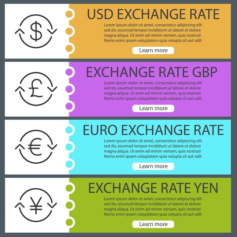 ensemble de modèles de bannière web de taux de change de devises. dollar américain, euro, livre, échange de yen. éléments de menu de couleur de site Web avec des icônes linéaires. concepts de conception d'en-têtes de vecteur