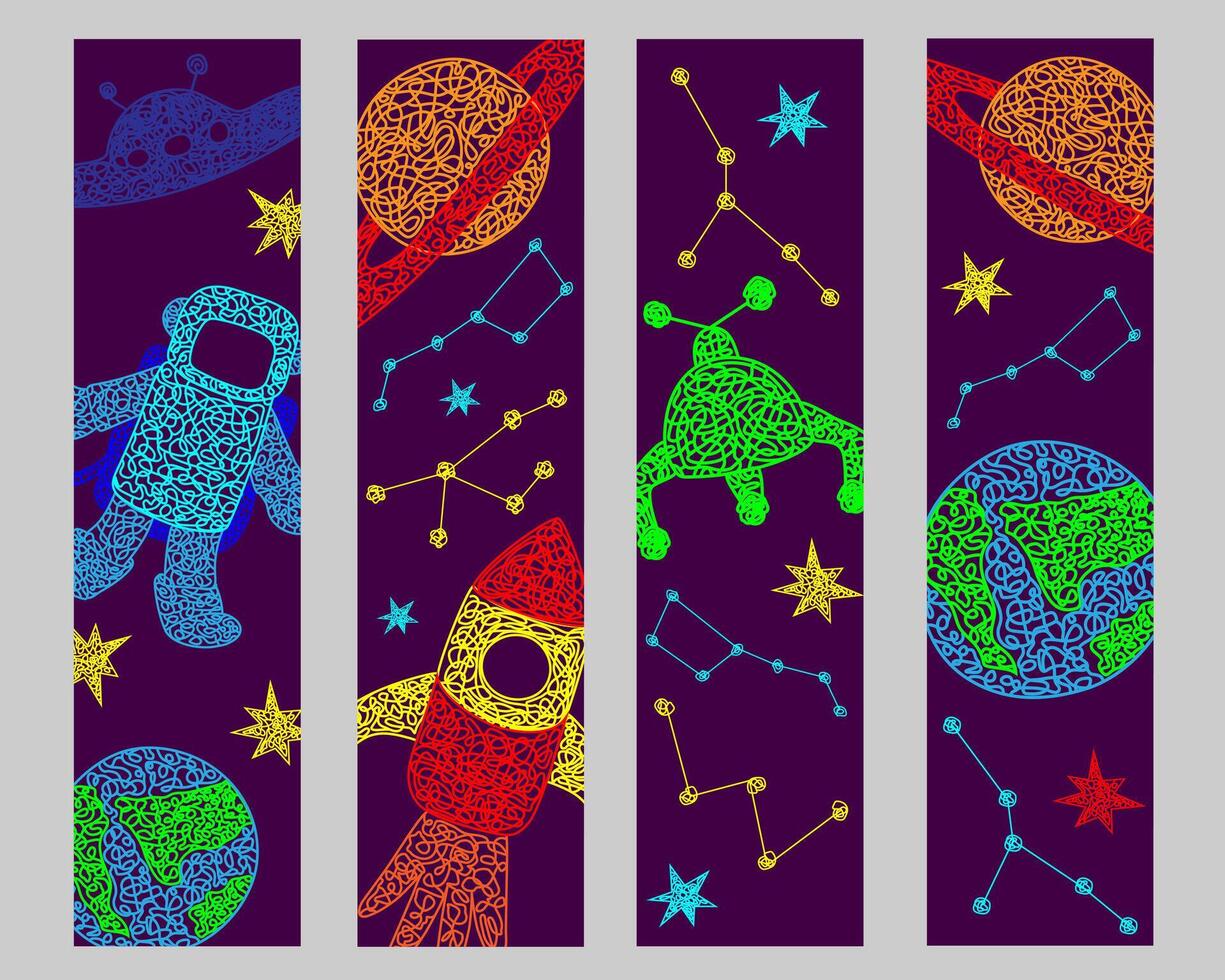 ensemble signets avec main tiré étoiles, en volant Sauer, planète, Mars vagabond, fusée, Terre planète, constellations sur violet Contexte dans enfants naïve style. vecteur