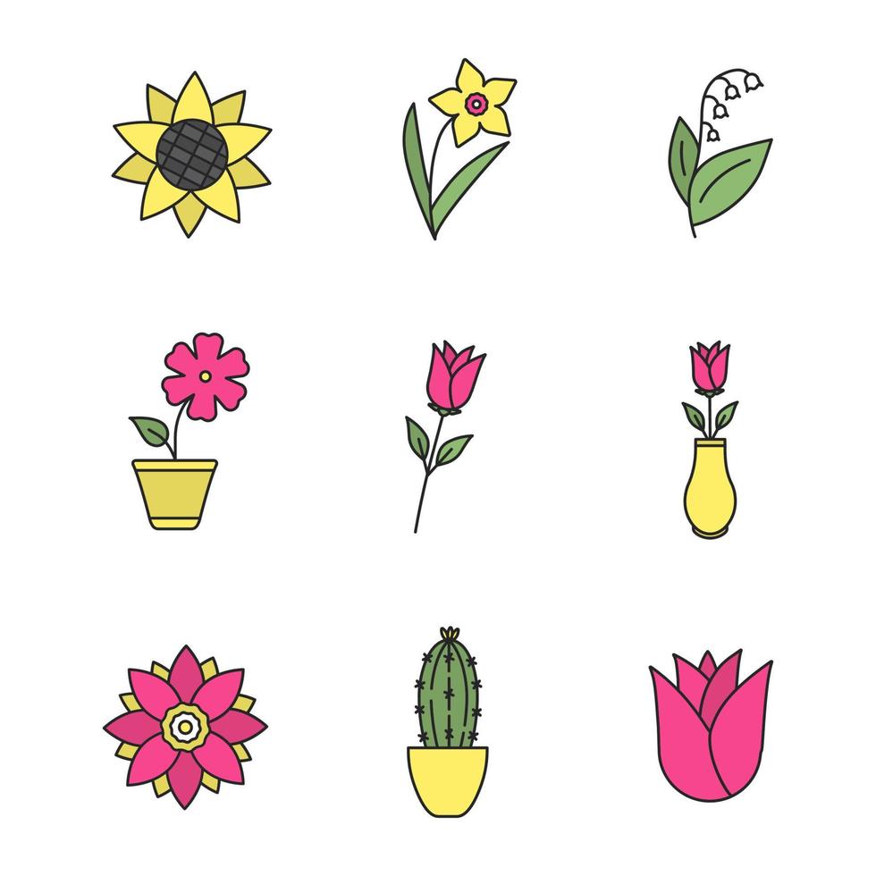 ensemble d'icônes de couleur de fleurs. tête de tournesol, jonquille, lis de mai, hibiscus, roses, lotus, cactus, bouton de rose. illustrations vectorielles isolées vecteur