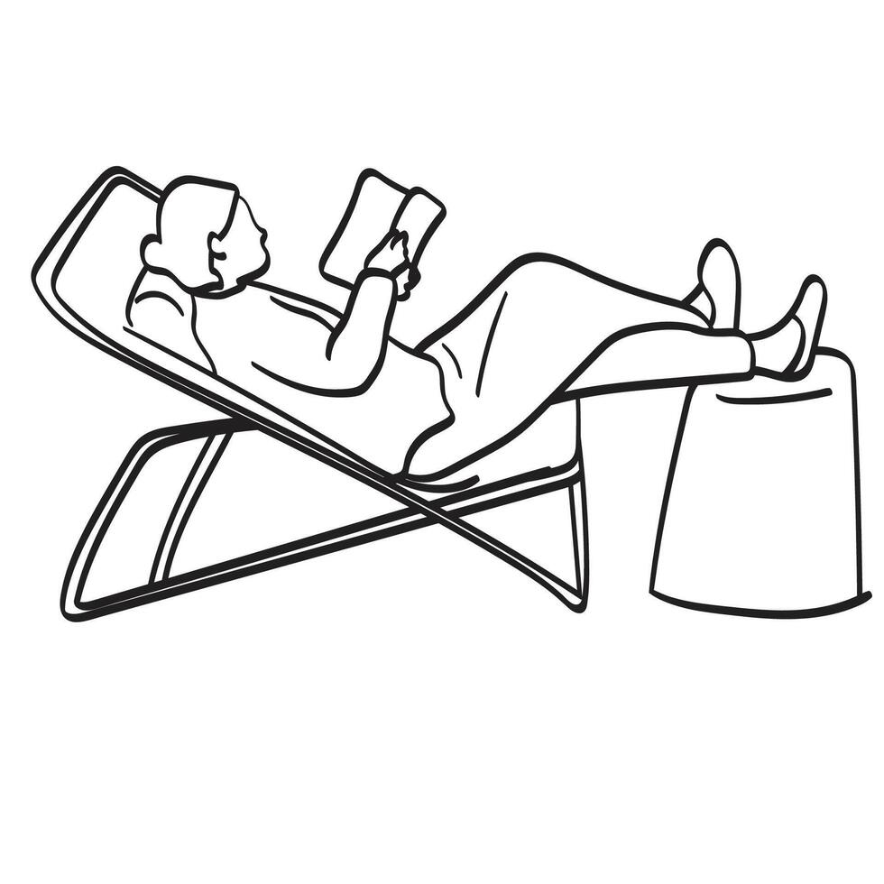 Jeune femme relaxant dans plate-forme chaise avec livre illustration vecteur main tiré isolé sur blanc Contexte